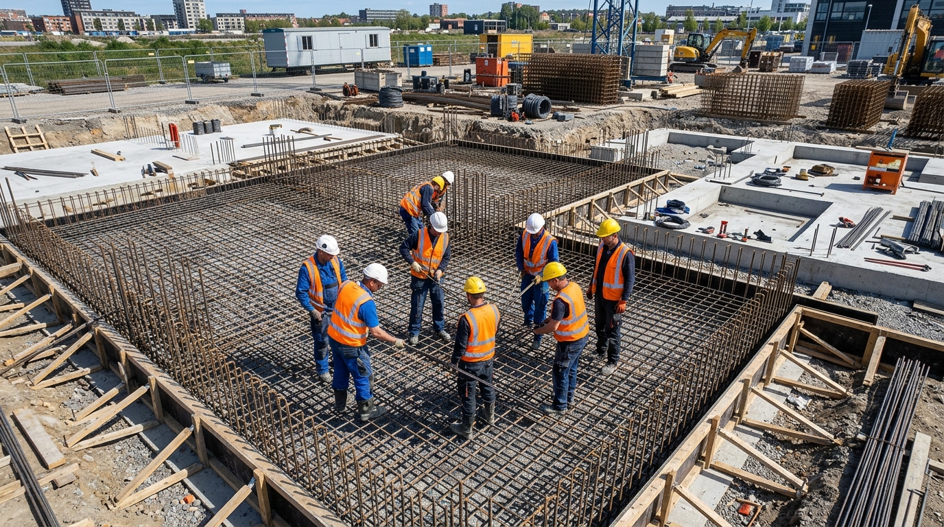 Tim pengawas lapangan meninjau struktur pembesian pondasi proyek strategis